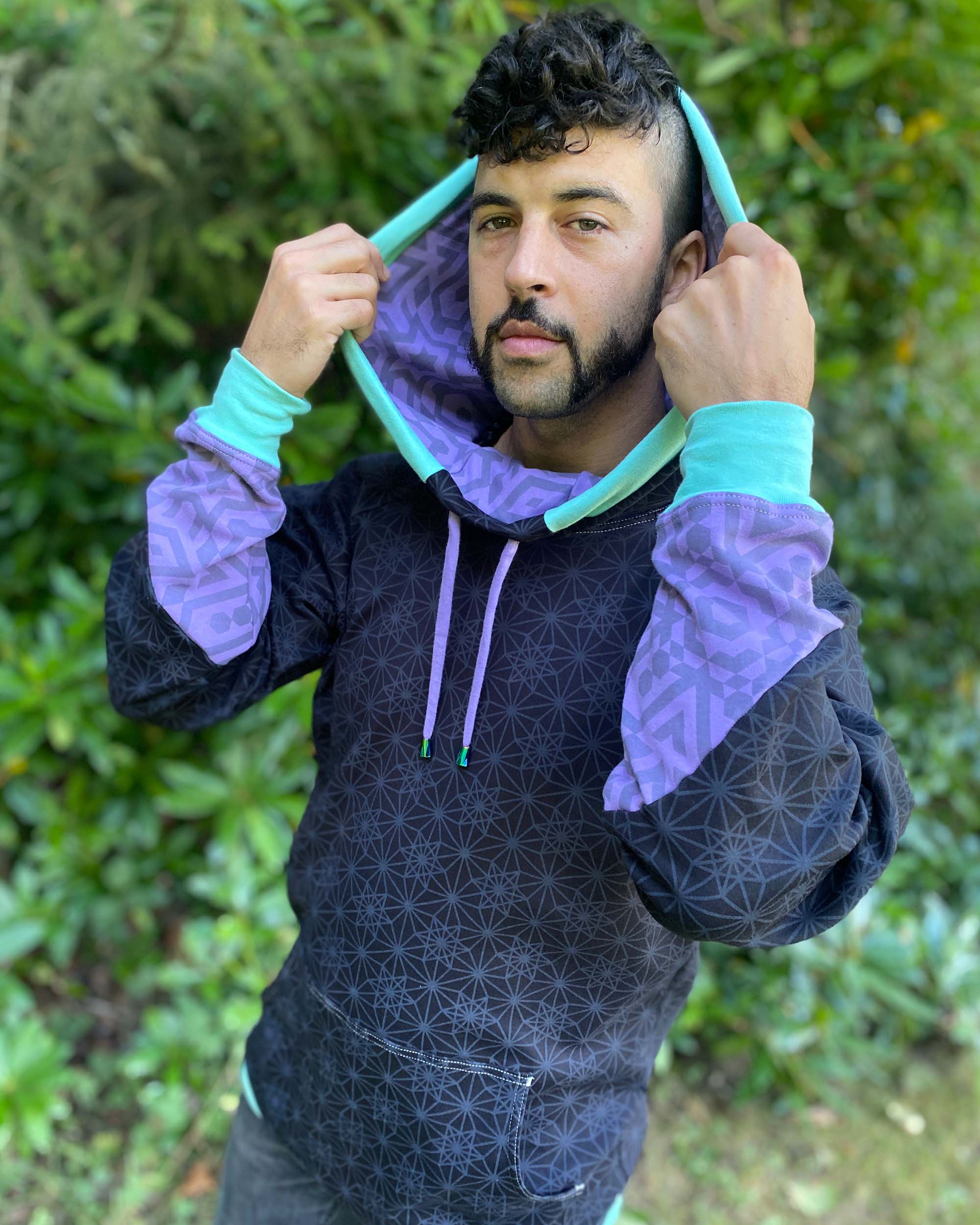 Organic Cotton Sacred Geometry Hoodie | Black with Vector Equilibrium design