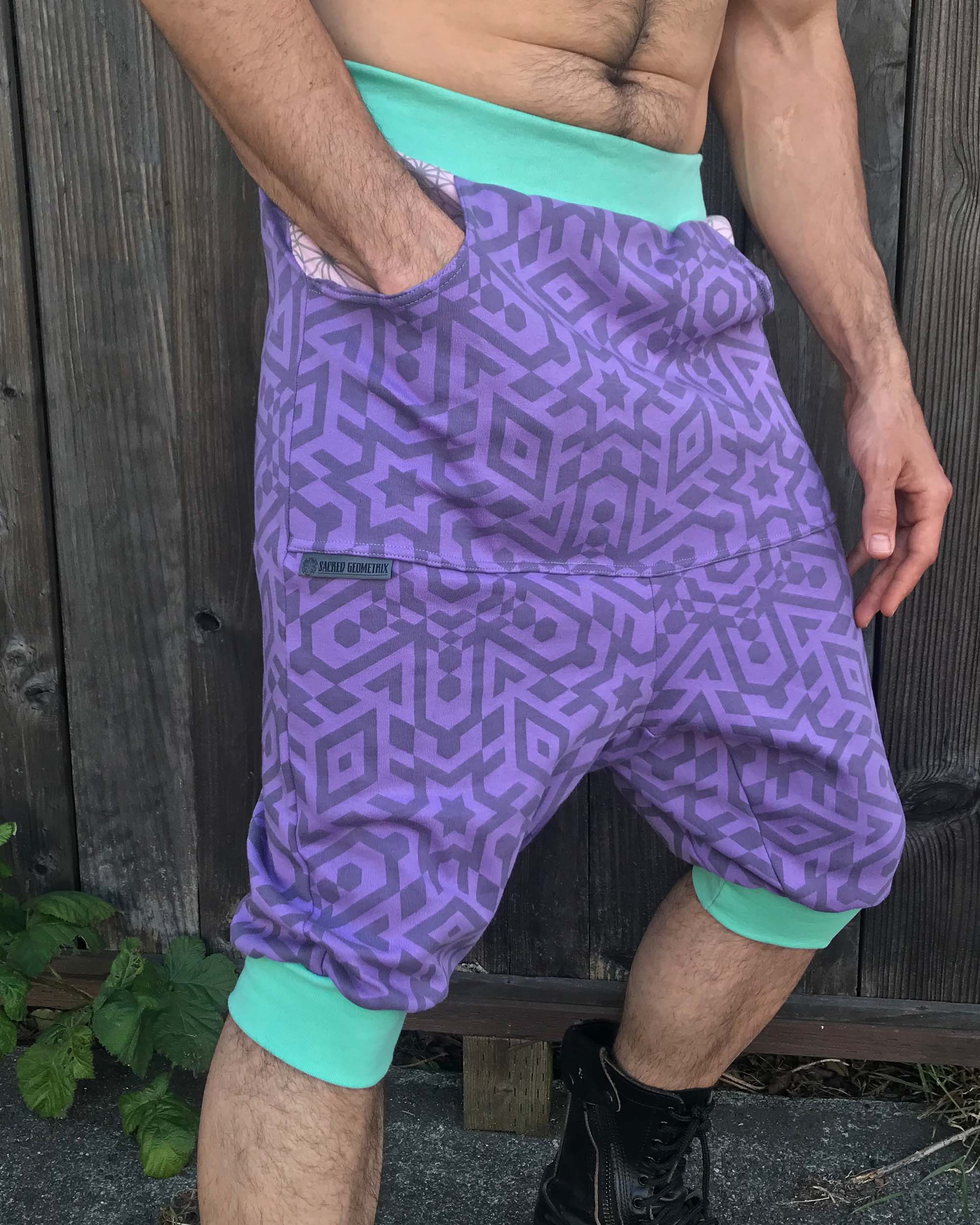 Unisex Drop Crotch Shorts with Geometric screen print design and organic cotton material