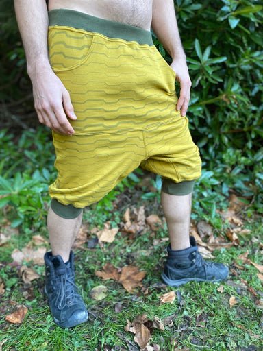 Unisex Drop Crotch Shorts with Geometric screen print design and organic cotton material