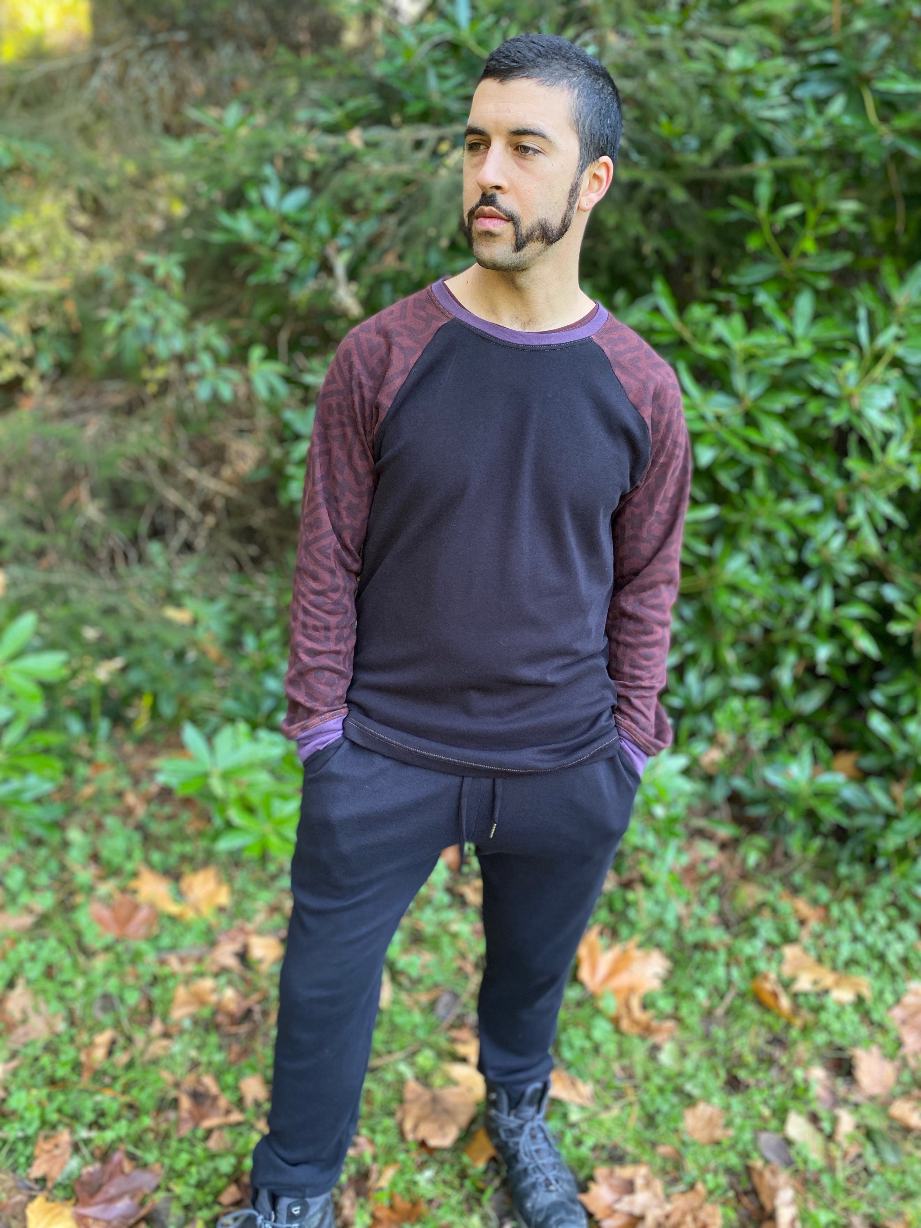 Mens Long sleeve shirt and joggers | Loungewear set with black organic cotton fabric and sacred geometry designs