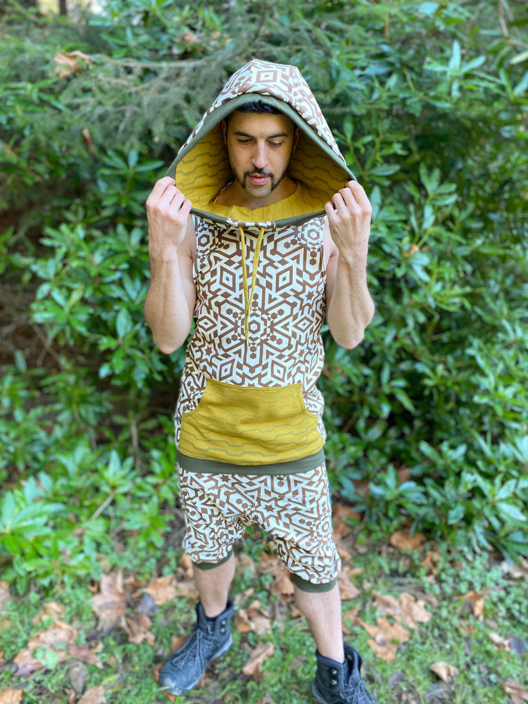 Sacred Geometry Men's Sleeveless Hoodie made with Organic Cotton and Earth tone colors
