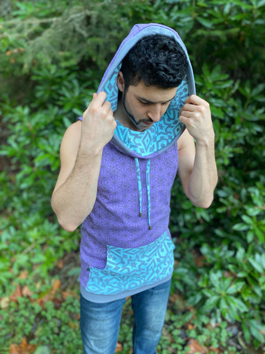 Organic Cotton Mens Sleeveless Hoodie - Lavender and Mint color fabric with sacred geometry screen print