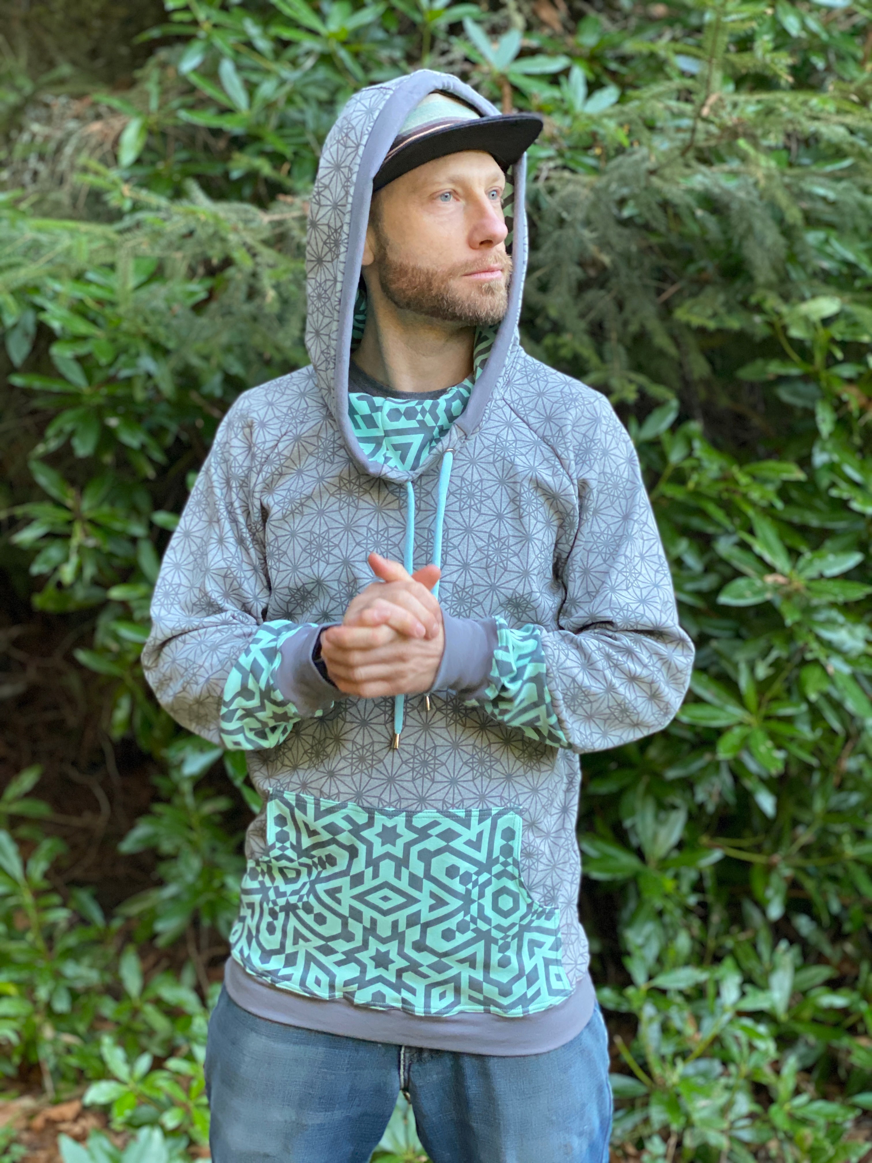 Men's Organic Cotton Sacred Geometry Grey and Mint Hoodie