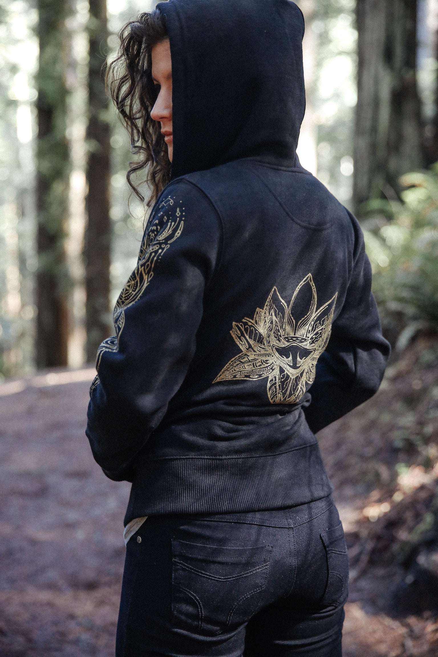 Women's Black Zip up Hoodie with Gold Lotus and Sacred Geometry screen print