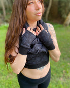 Organic cotton fingerless gloves and matching scarf in black fabric and geometric print.