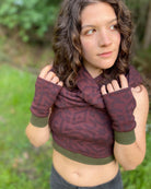 Organic cotton hand warmers, crop top and scarf in matching reddish brown colored fabric with geometric print.