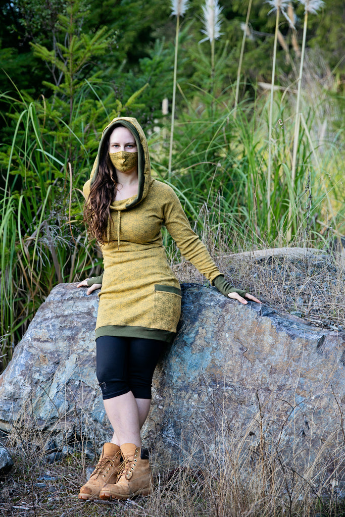 Yellow Sacred Geometry Hooded Dress With Pockets screen printed Vector Equilibrium pattern