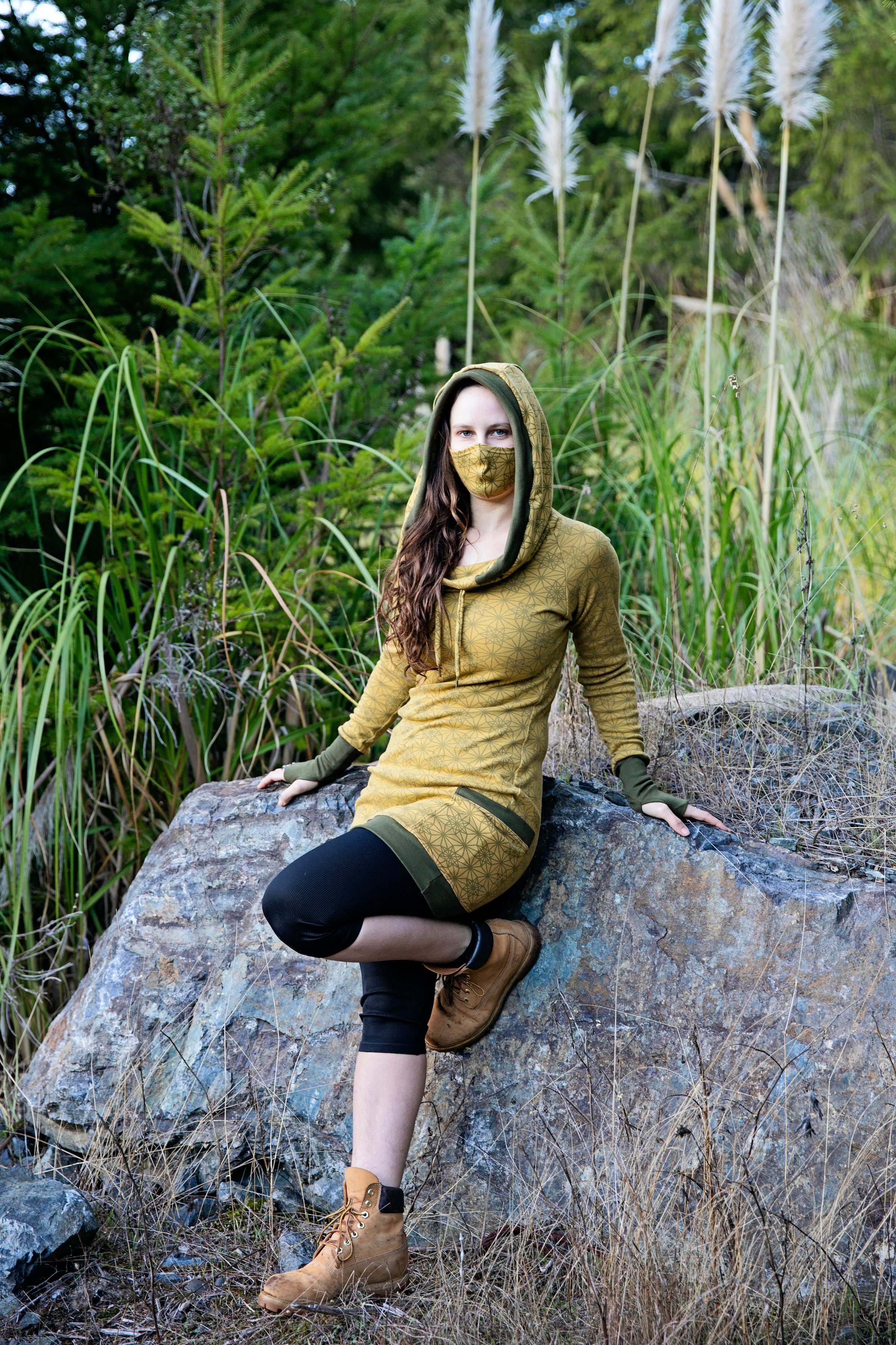 Yellow Sacred Geometry Hooded Dress With Pockets screen printed Vector Equilibrium pattern