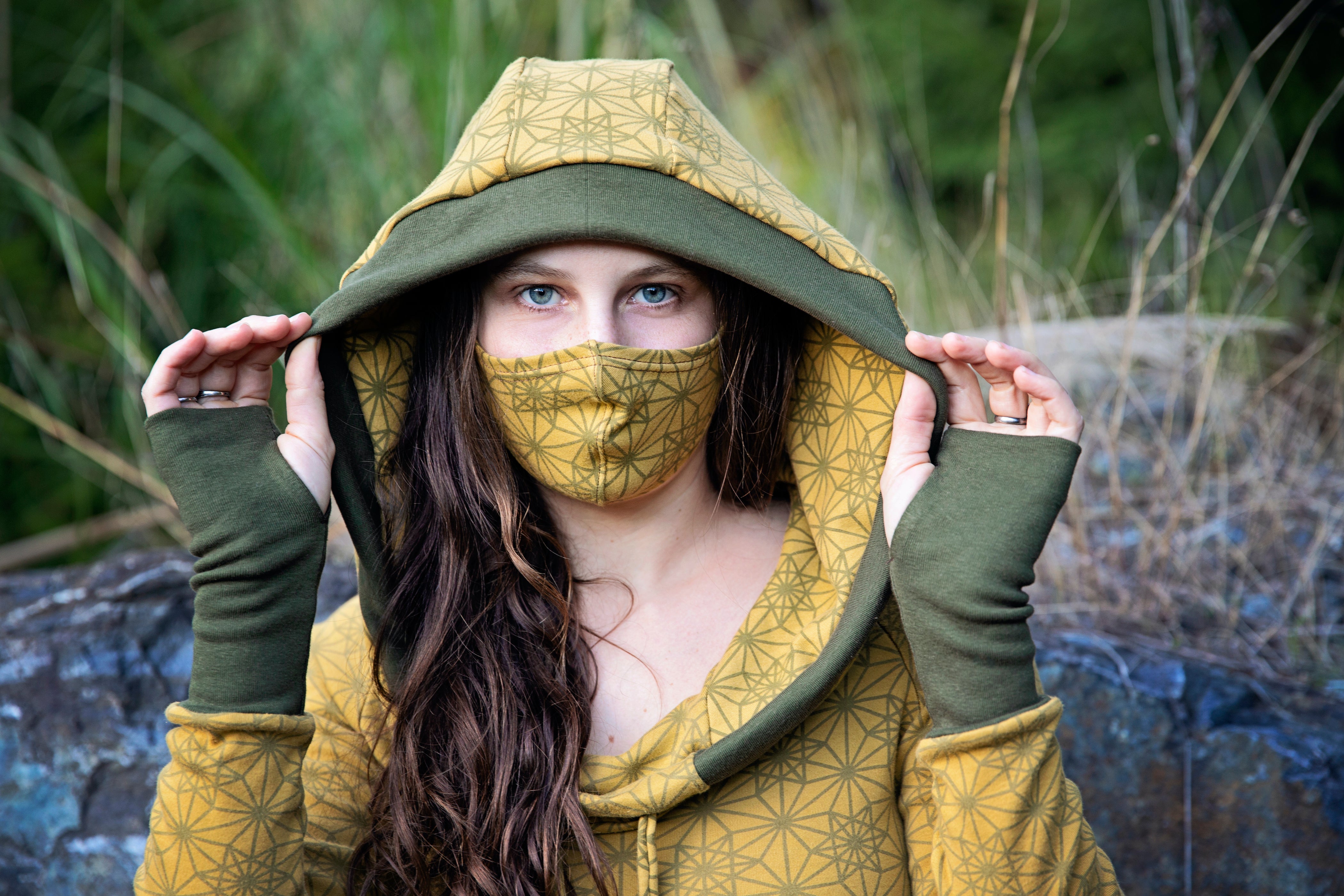 Yellow Sacred Geometry Hooded Dress With Pockets screen printed Vector Equilibrium pattern