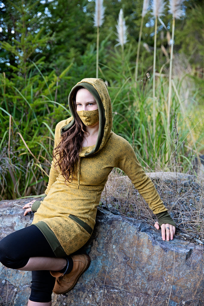 Yellow Sacred Geometry Hooded Dress With Pockets screen printed Vector Equilibrium pattern