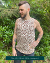 Organic cotton mens tank top, un-dyed fabric with brown geometric print, front view.