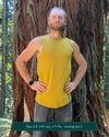 Organic cotton mens tank top, yellow  fabric, front view on model.