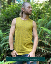 Organic cotton mens tank top, yellow fabric with geometric print, front view.