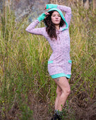 Organic cotton fitted tunic dress, pink with green accent fabric, full length front view on female model.
