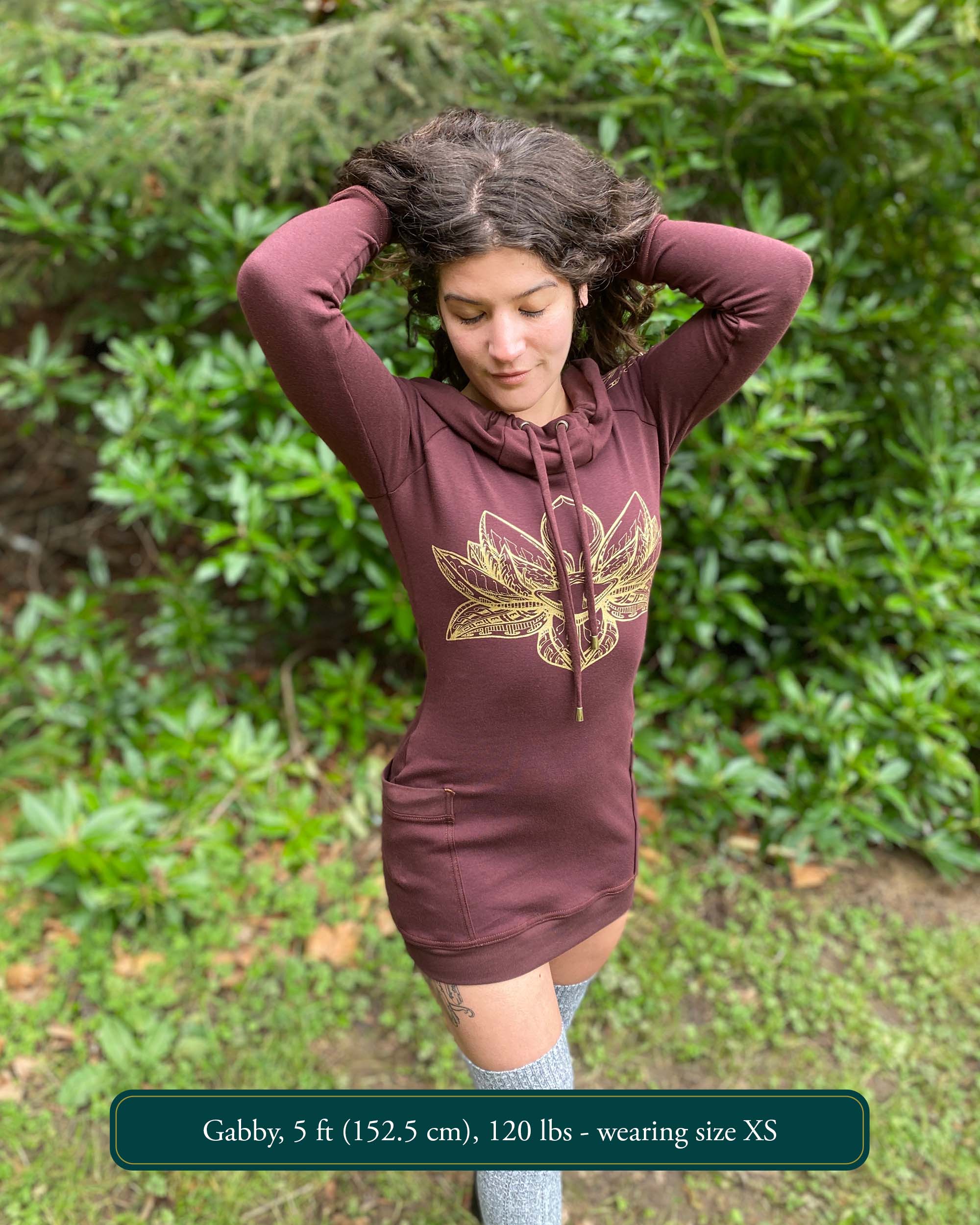 Organic cotton long sleeve tunic dress, brown with front gold lotus print, front view on female model.