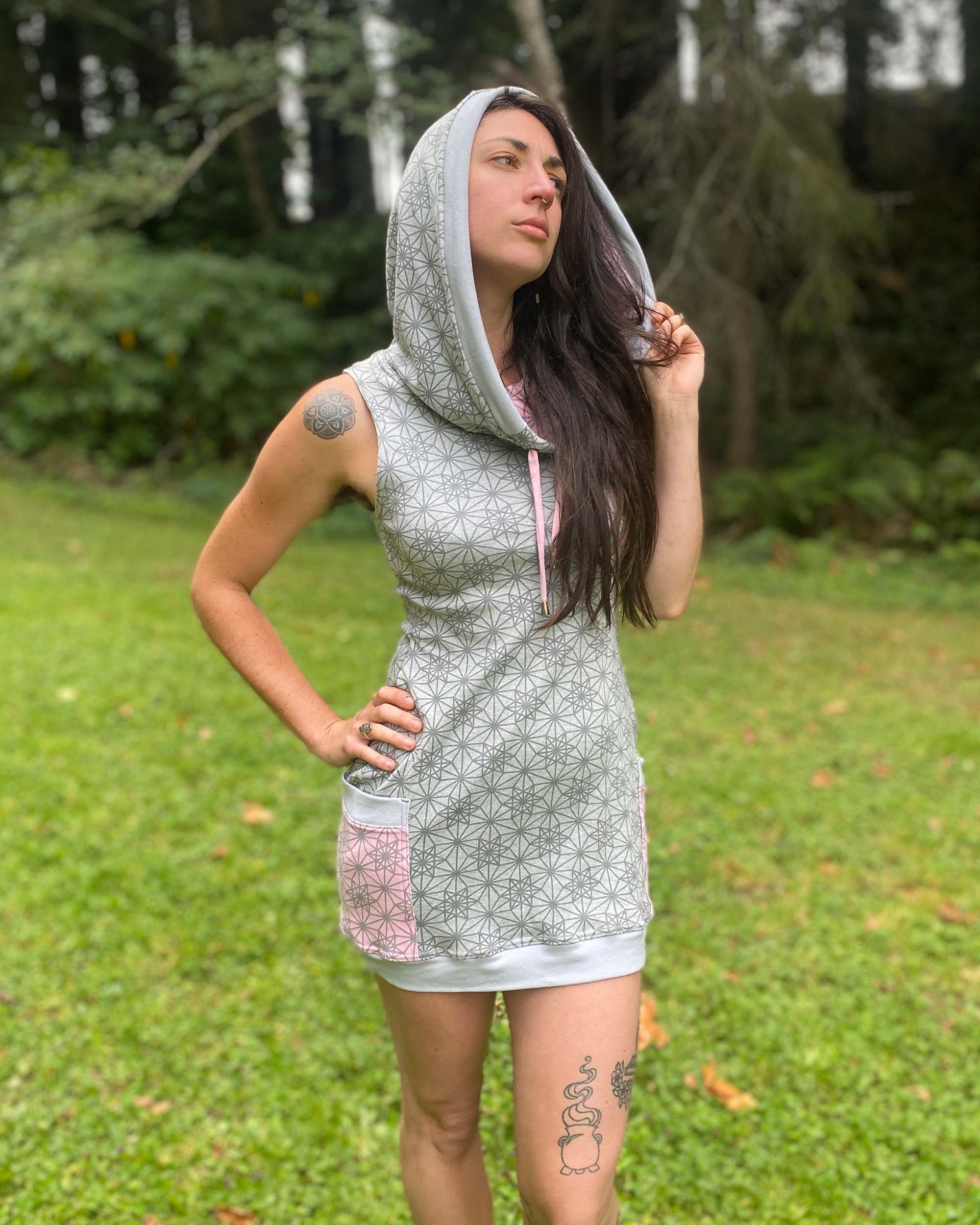 Organic Cotton Gray Fitted Mini Tank Dress with Hood and Pockets Sacred Geometrix Organic Cotton Gray Fitted Mini Tank Dress with Hood and Pockets Sacred Geometrix
