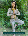 Women's matching two piece set, joggers and crop hoodie, undyed with brown geometric print, full length view on model.
