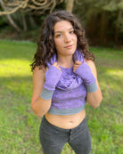 Organic cotton crop top, scarf and hand warmers in matching lavender fabric with sacred geometry print.