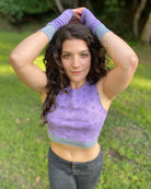 Organic cotton crop top, lavender fabric with sacred geometry print and grey accent fabric.