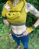 Organic cotton crop top, scarf and hand warmers in yellow fabric with sacred geometry print.