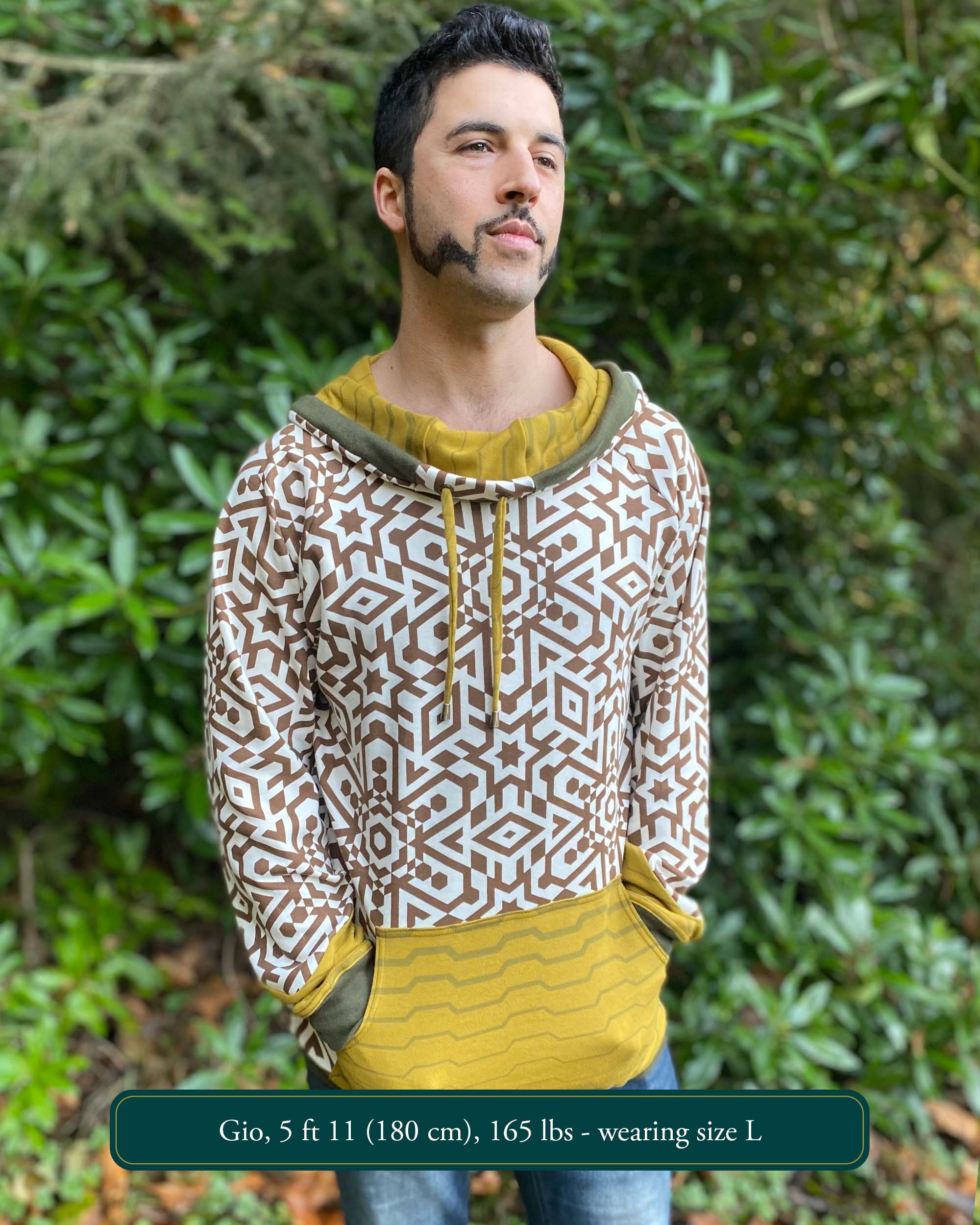 Organic cotton hoodie, un-dyed fabric with brown geo print, front view on male model.