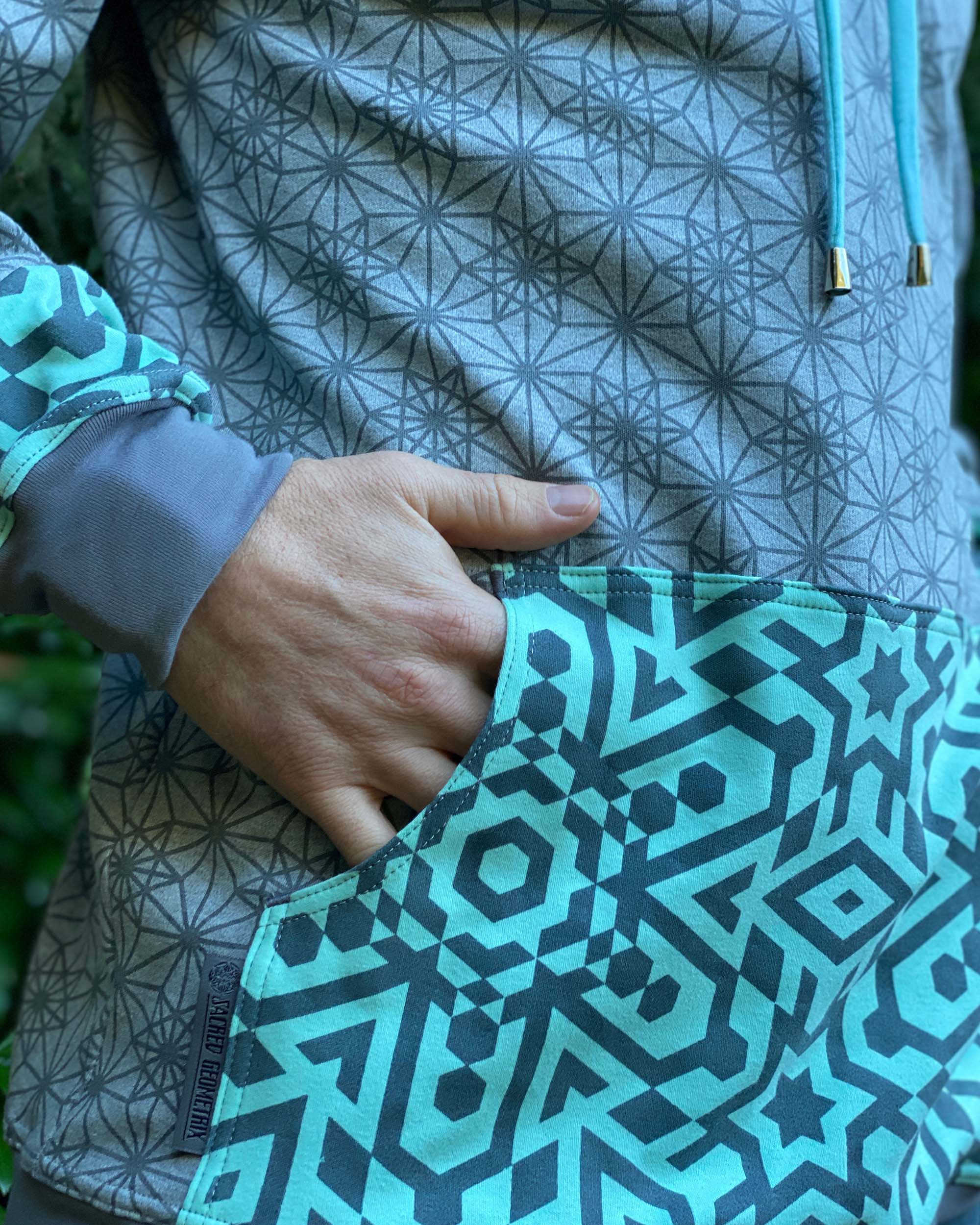 Organic cotton hoodie, grey fabric and mint colored accents, close up of pocket details.