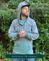 Organic cotton extra long unisex hoodie, grey fabric with sacred geometry print.