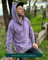Organic cotton extra long unisex hoodie, lavender with sacred geometry print, right view of male model.