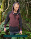 Organic cotton extra long unisex hoodie, reddish brown fabric with geometric print, front view of male model.