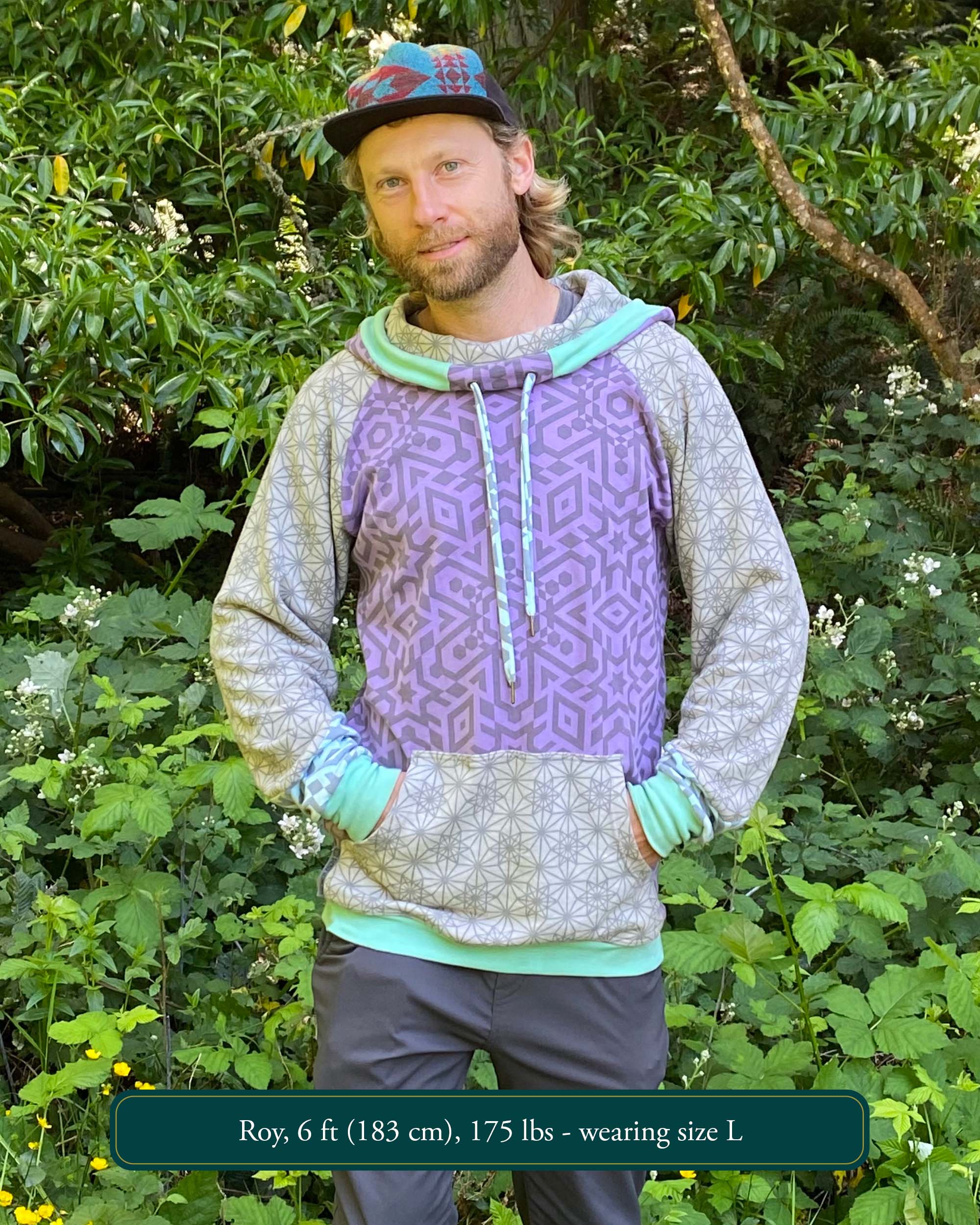 Organic cotton hoodie, lavender and grey fabric with geometric print, front  view on male model.