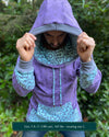 Organic cotton hoodie, lavender and blue fabric accents with sacred geometry screen printed fabric.