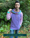 Organic cotton hoodie, lavender and pink fabric with geometric print, front  view on male model.