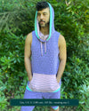 Organic cotton hooded tank top, lavender and pink geometric fabric, front side view on male model.