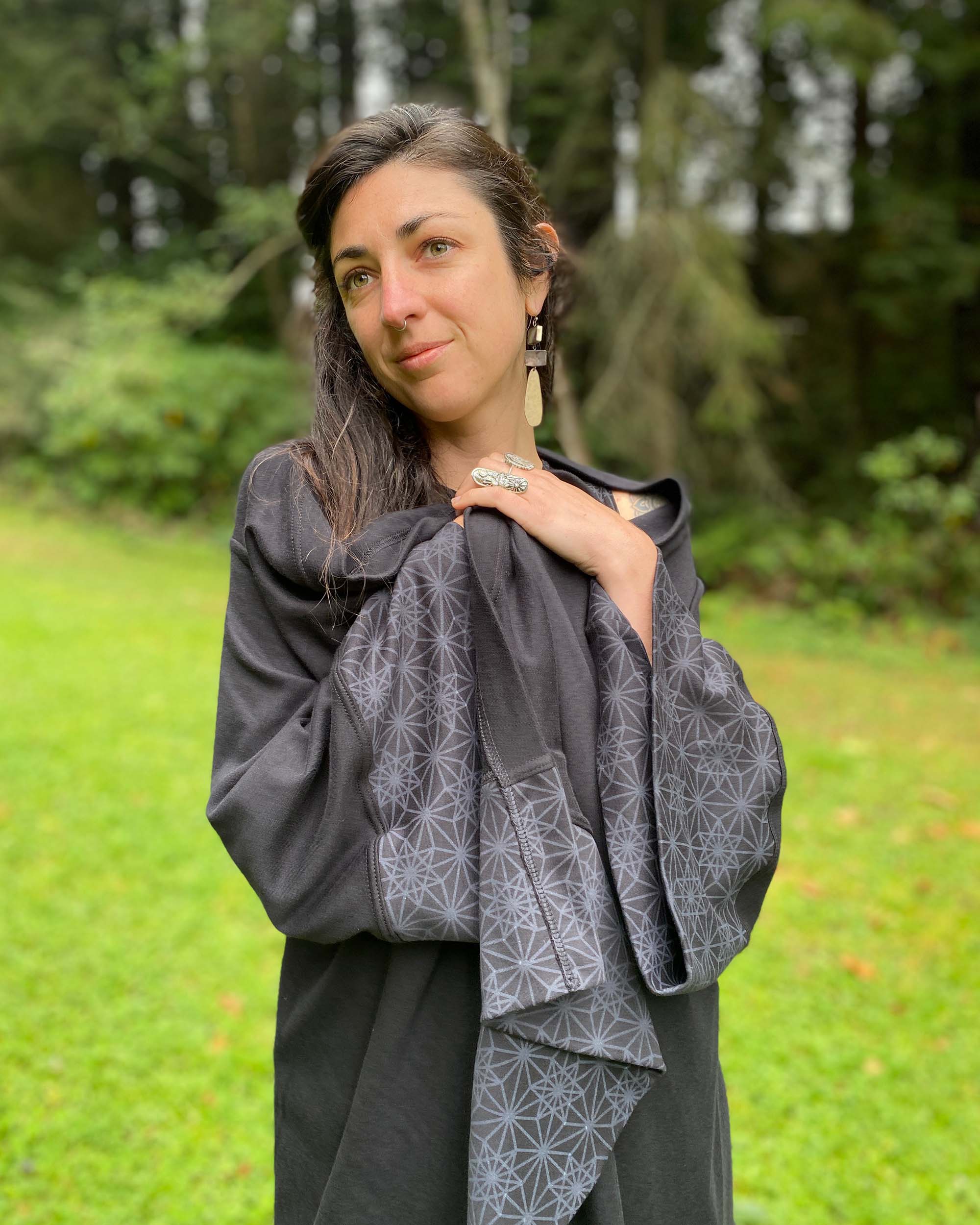 Organic cotton kimono, black with geometric printed accents.