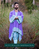 Organic cotton lavender kimono with geometric printed mint fabric accents, front view on male model.