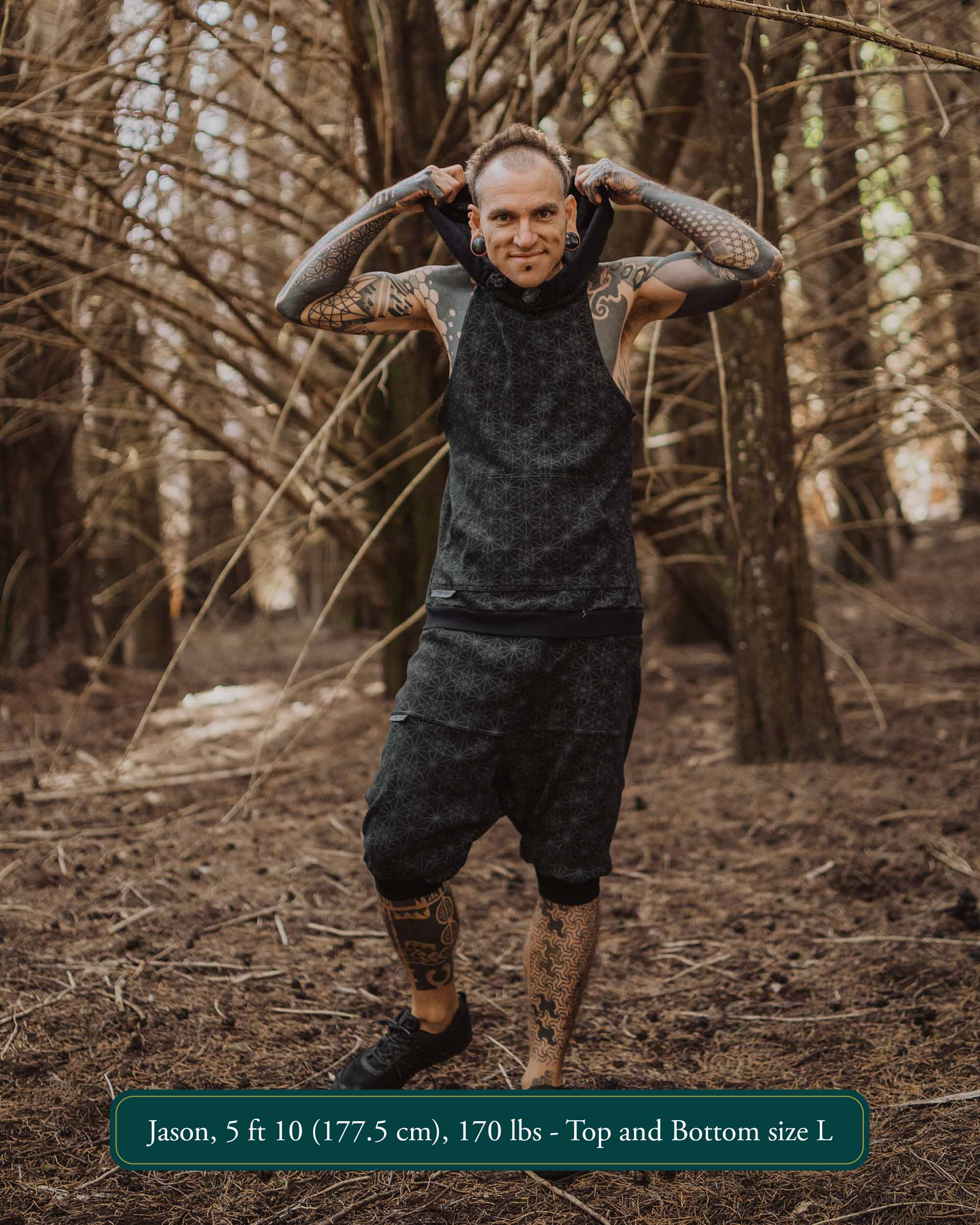 Organic cotton matching hooded tank top and shorts, black with geometric fabric, full body view on model.