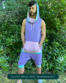 Organic cotton hooded tank top and shorts, lavender fabric with geometric print, full body view on model.
