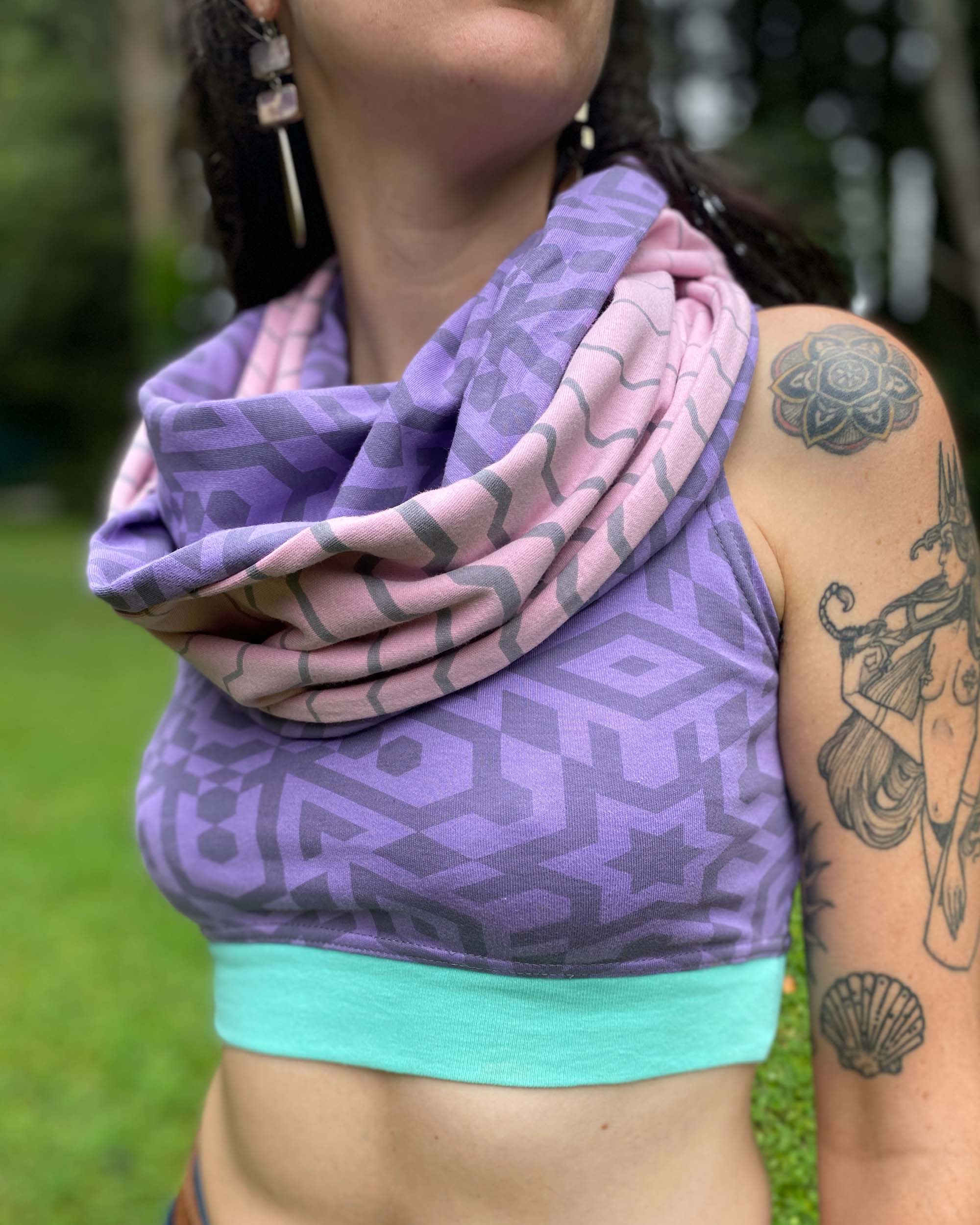 Lavender and pink organic cotton two tone infinity scarf with geometric prints, detail view of fabric.