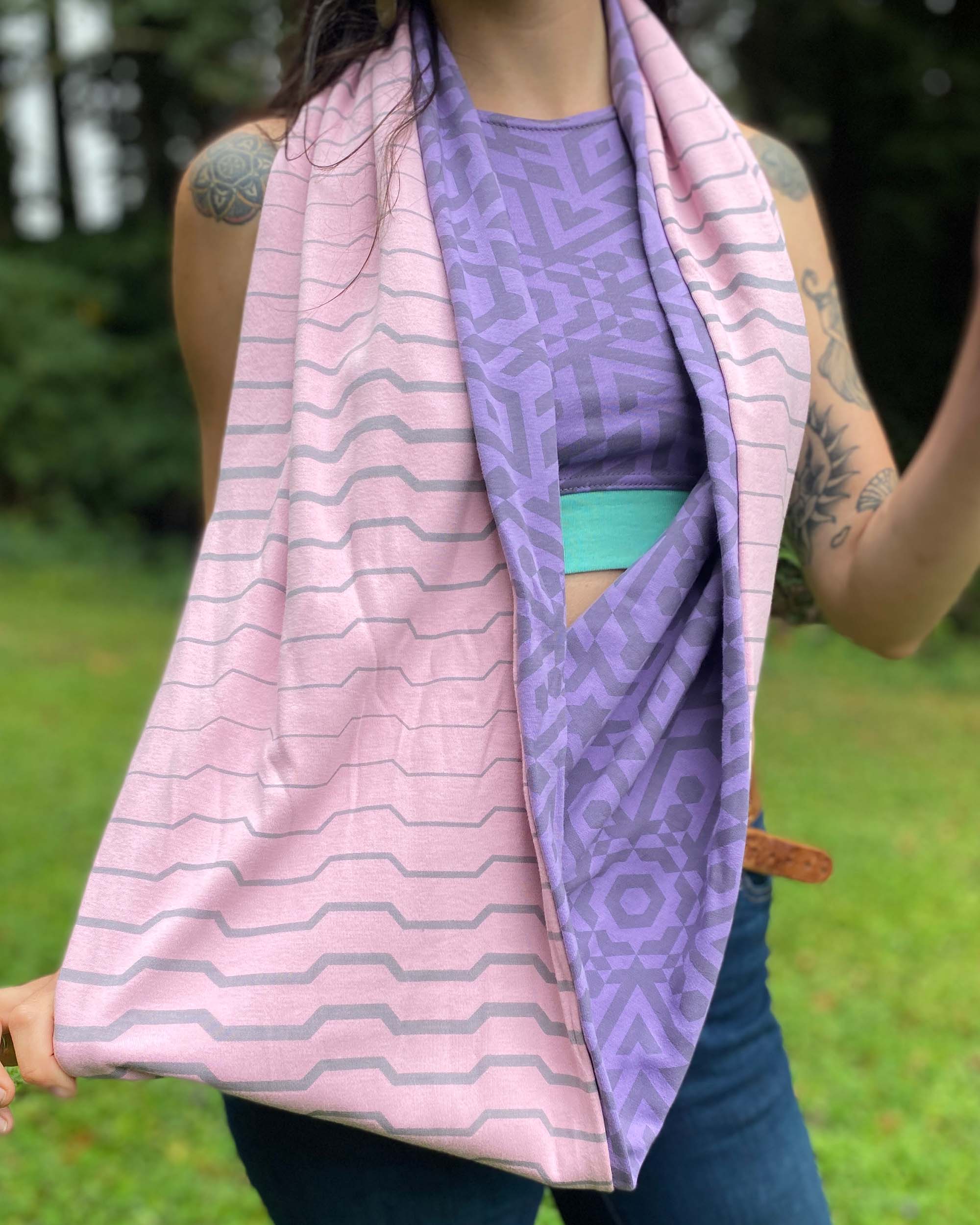 Lavender and pink organic cotton two tone infinity scarf with geometric printed fabric, detail view of print.