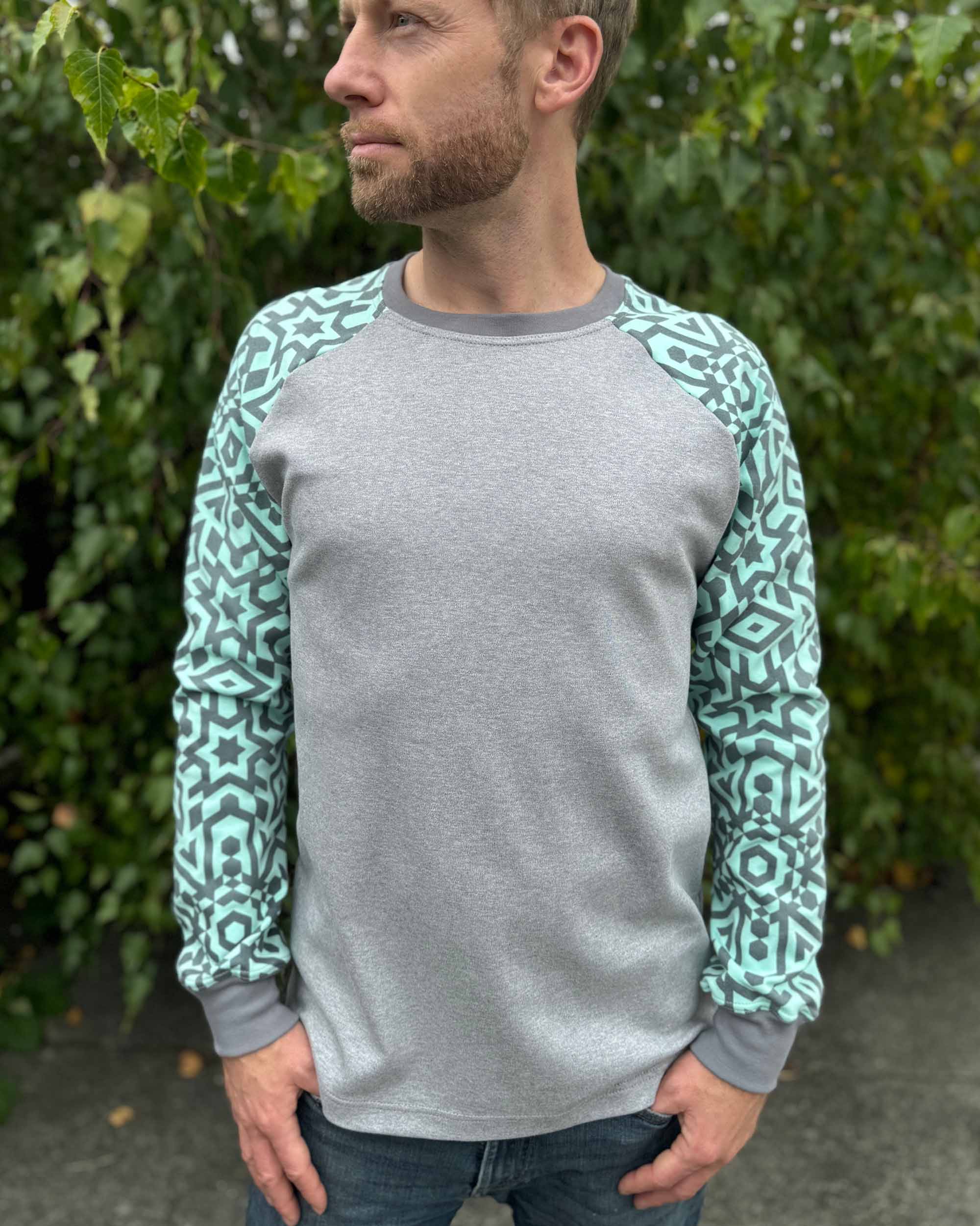 Men's Grey and Blue Long Sleeve Shirt | Organic Cotton Raglan Crew