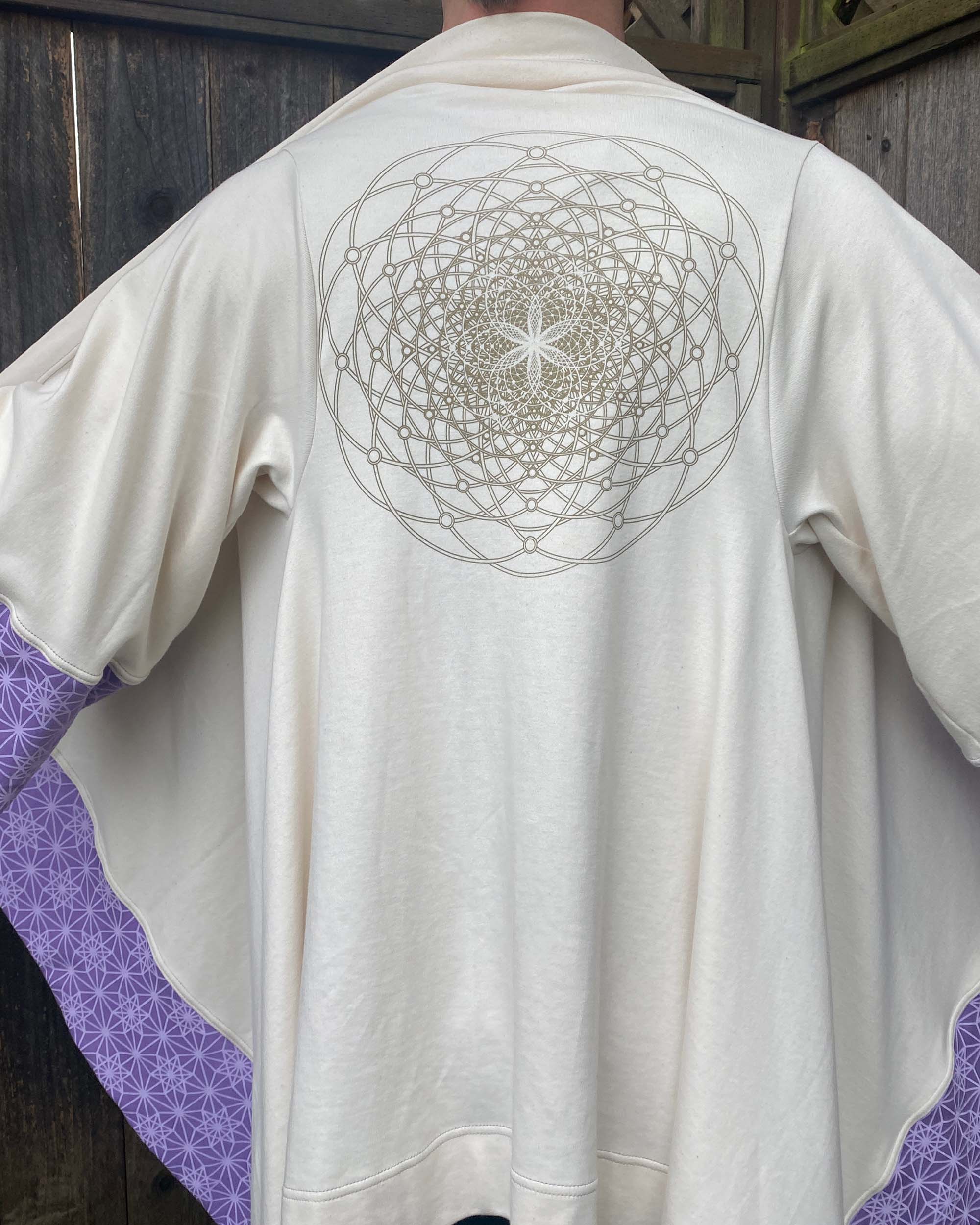 Organic cotton kimono, undyed fabric with gold sacred geometry screen print.