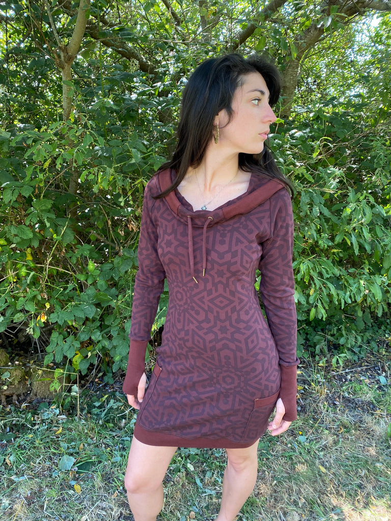 Women's long sleeve pullover hooded dress with pockets. Deep drawstring hood. Organic cotton festival wear made in the USA.