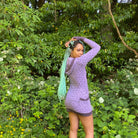 Women's lavender long sleeve pullover hooded dress with pockets. Deep cowl lined hood. Made in the USA from organic cotton.