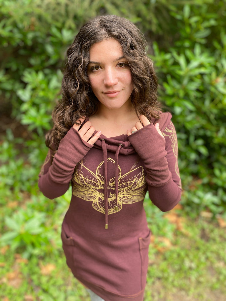 Women's long sleeve hoodie dress with pockets. Gold lotus flower. Deep hood with drawstrings. Festival wear made in the USA.