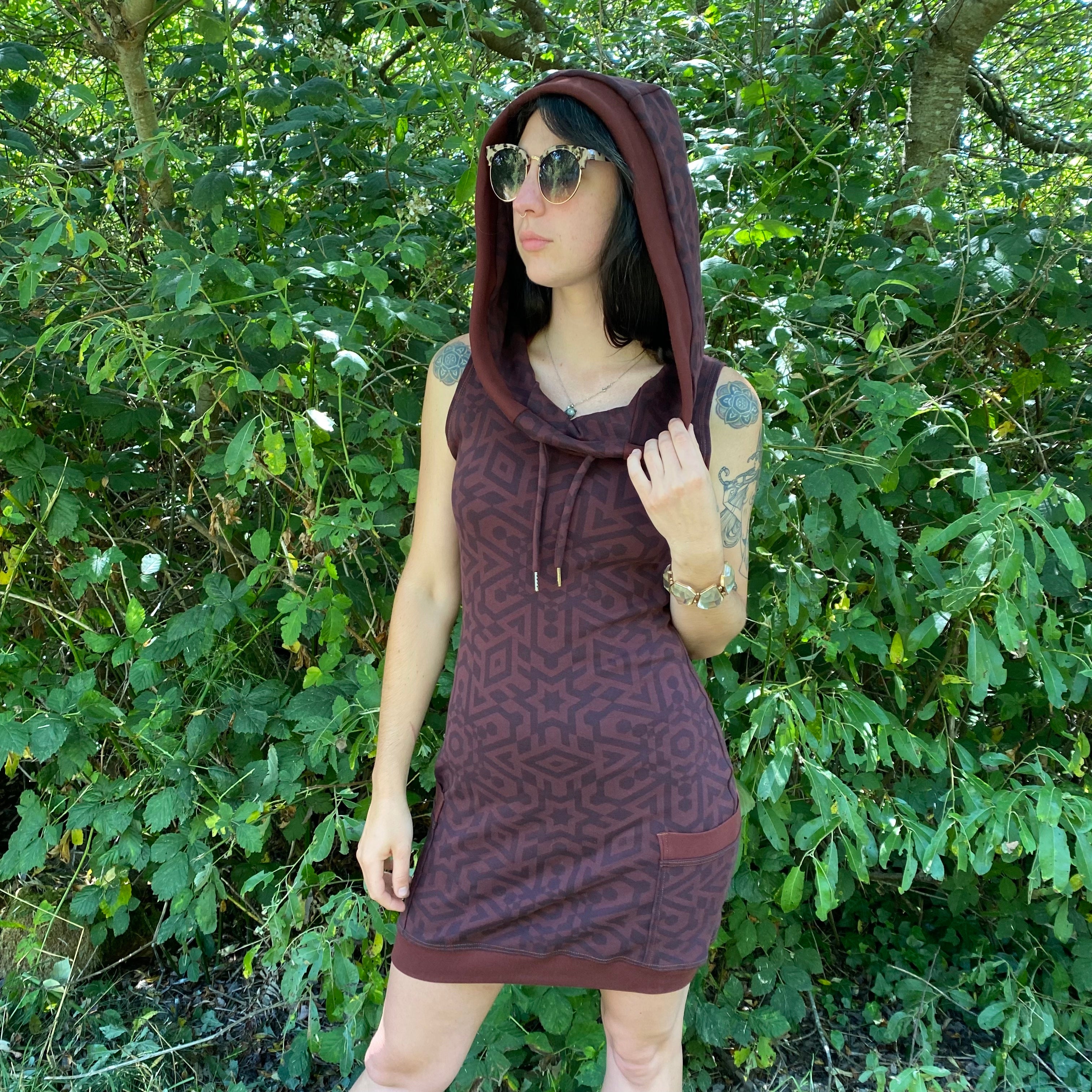 Organic Sleeveless Brown Hooded Dress with Pockets
