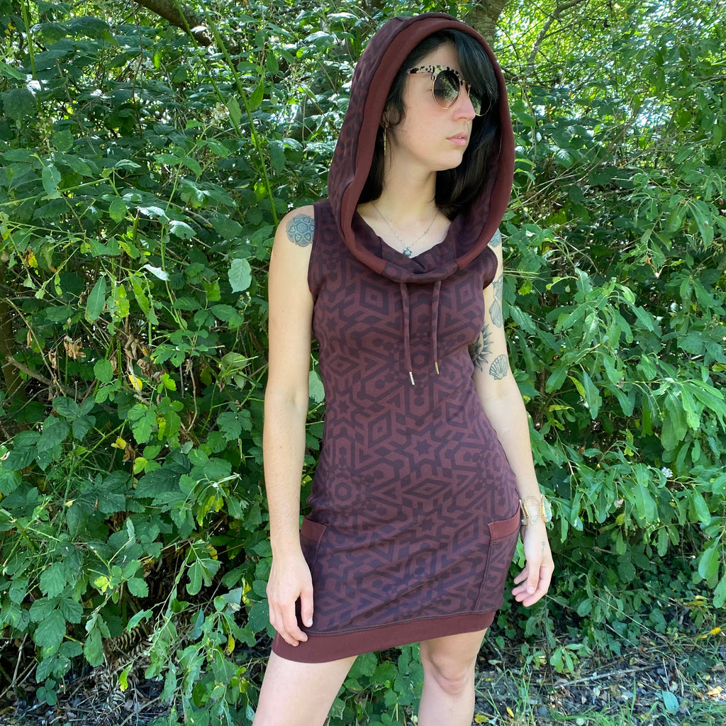 Sleeveless brown hoodie dress with pockets for women. Sacred geometry design. Festival wear made in USA from organic cotton.
