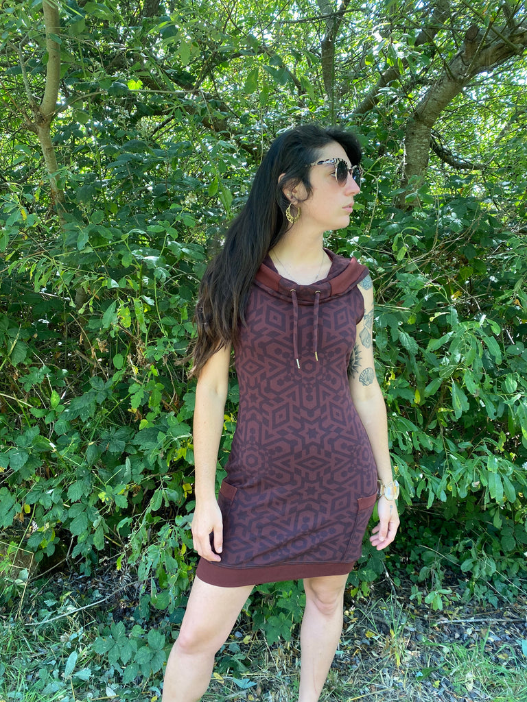 Sleeveless brown hoodie dress with pockets for women. Sacred geometry design. Festival wear made in USA from organic cotton.