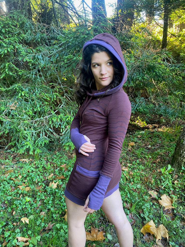 Organic long sleeve pullover hooded dress with pockets made in the USA. Deep cowl lined hood. Sacred geometric screen print.