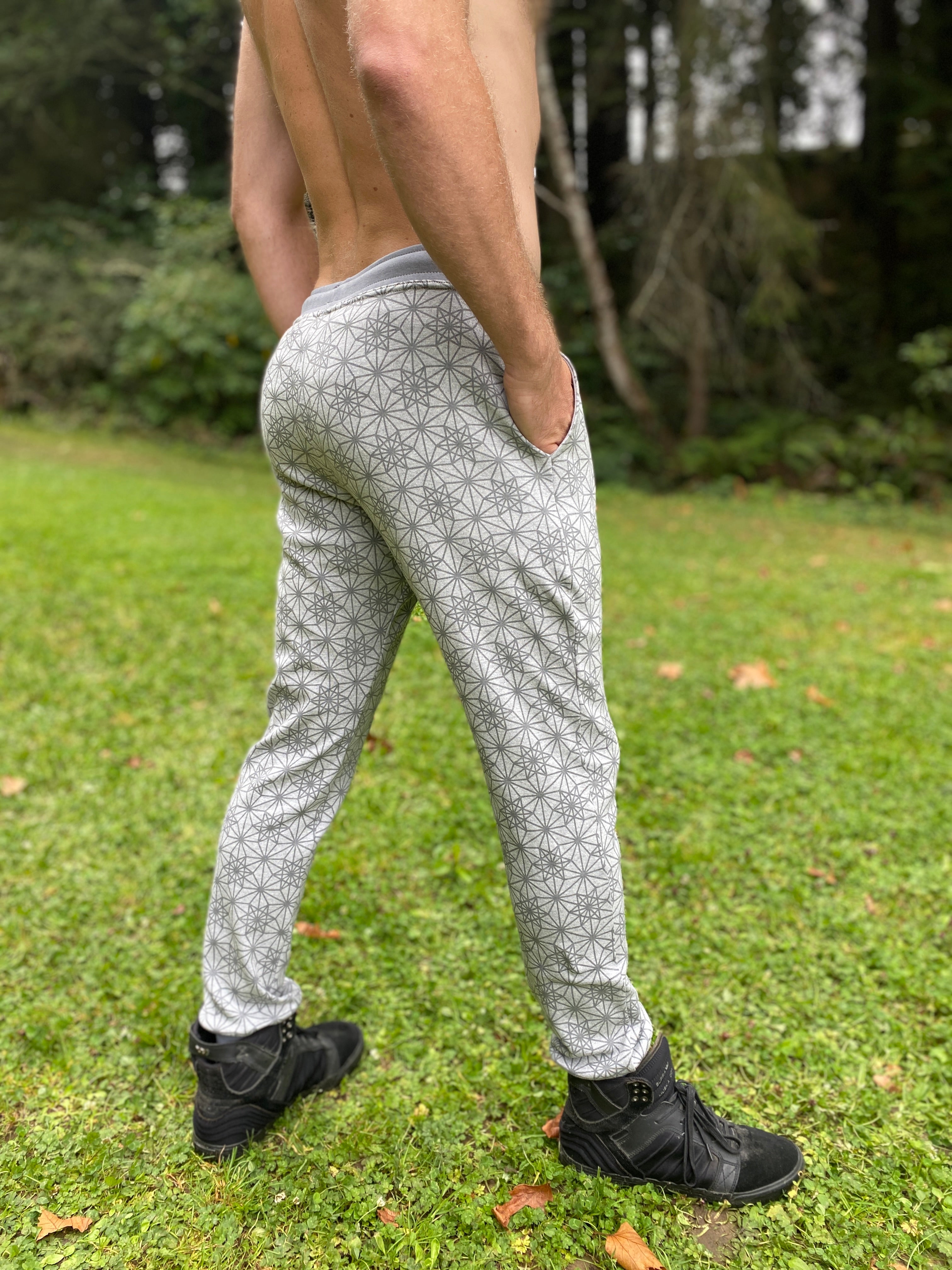 Geo Joggers - Organic Cotton Unisex Activewear Pants - Grey Melange w/  'Vector Equilibrium' Print