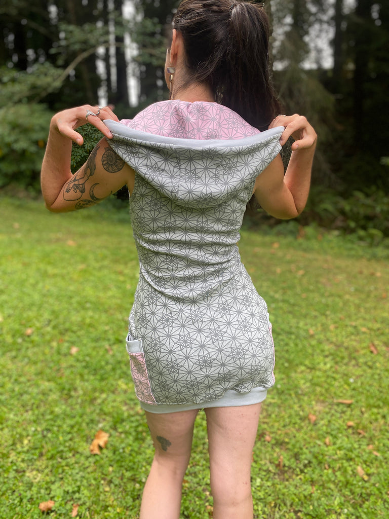 Sleeveless grey and pink hoodie dress with pockets. Sacred geometry print. Dance wear made in the USA from organic cotton.